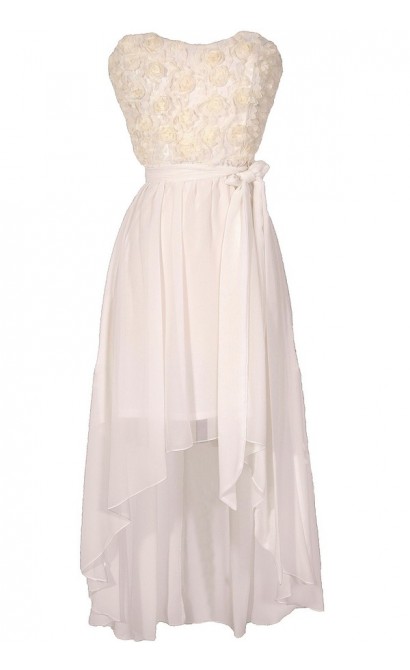Rosette Romance Designer High Low Dress in Ivory